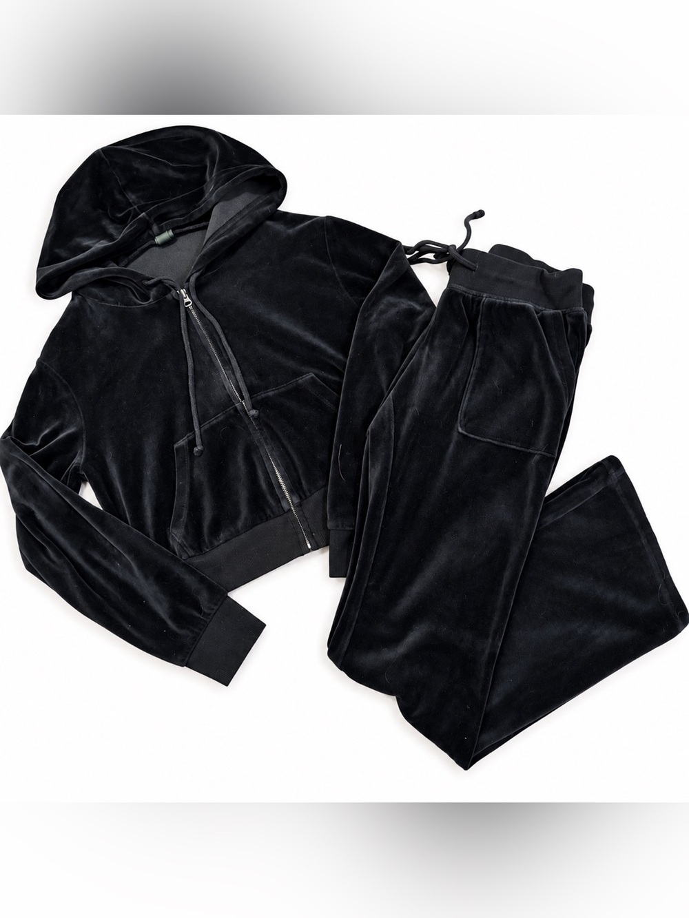 Black Velour Tracksuit Set Cropped Hoodie Flare Pants Y2K